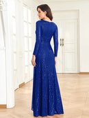 Royal Blue Women's Long Sleeve Evening Dress with Sequins S