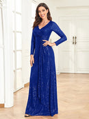 Royal Blue Women's Long Sleeve Evening Dress with Sequins XL