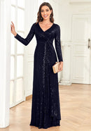 Navy Blue Women's Long Sleeve Evening Dress with Sequins S