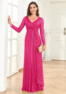 Fuchsia Women's Long Sleeve Evening Dress with Sequins XL