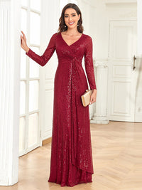 Burgundy Women's Long Sleeve Evening Dress with Sequins XL