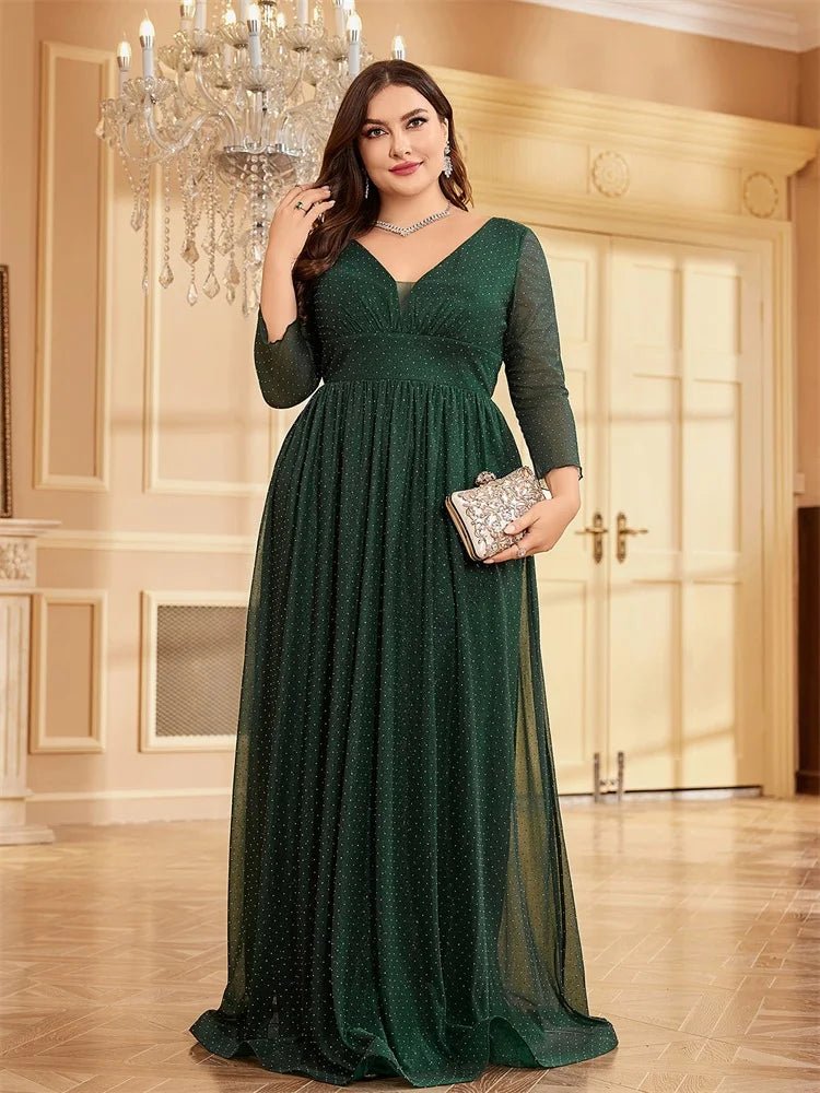 Dark green Women's Plus Size Chiffon Evening Dress V - Neck Long Sleeve S