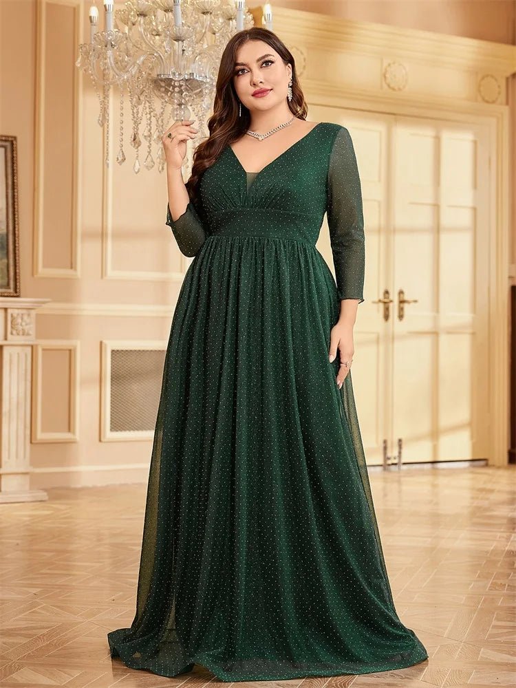 Dark green Women's Plus Size Chiffon Evening Dress V - Neck Long Sleeve 5XL