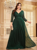 Dark green Women's Plus Size Chiffon Evening Dress V - Neck Long Sleeve S