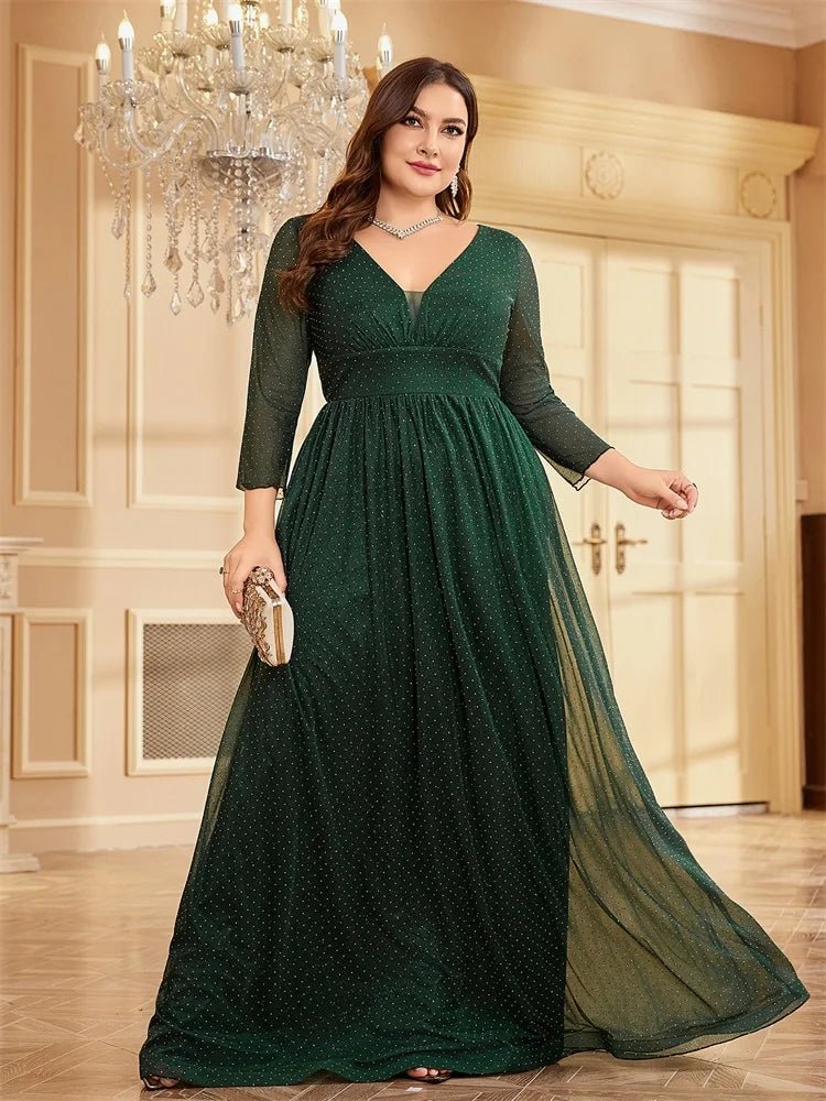 Dark green Women's Plus Size Chiffon Evening Dress V - Neck Long Sleeve S