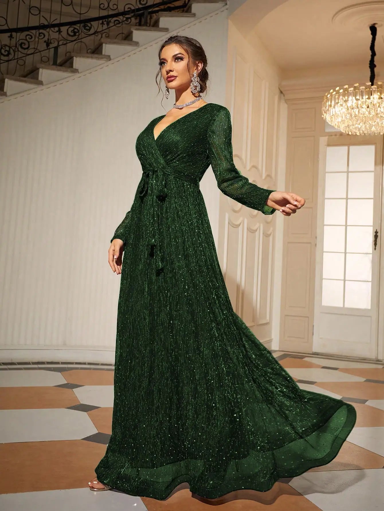 Dark Green Wrap Belt Long Sleeve Glitter Maxi Gown XL