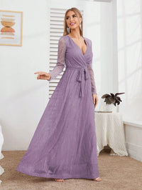 Light Purple Wrap Belt Long Sleeve Glitter Maxi Gown XL