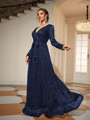 Navy Blue Wrap Belt Long Sleeve Glitter Maxi Gown XL