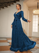 Blue Wrap Belt Long Sleeve Glitter Maxi Gown XL