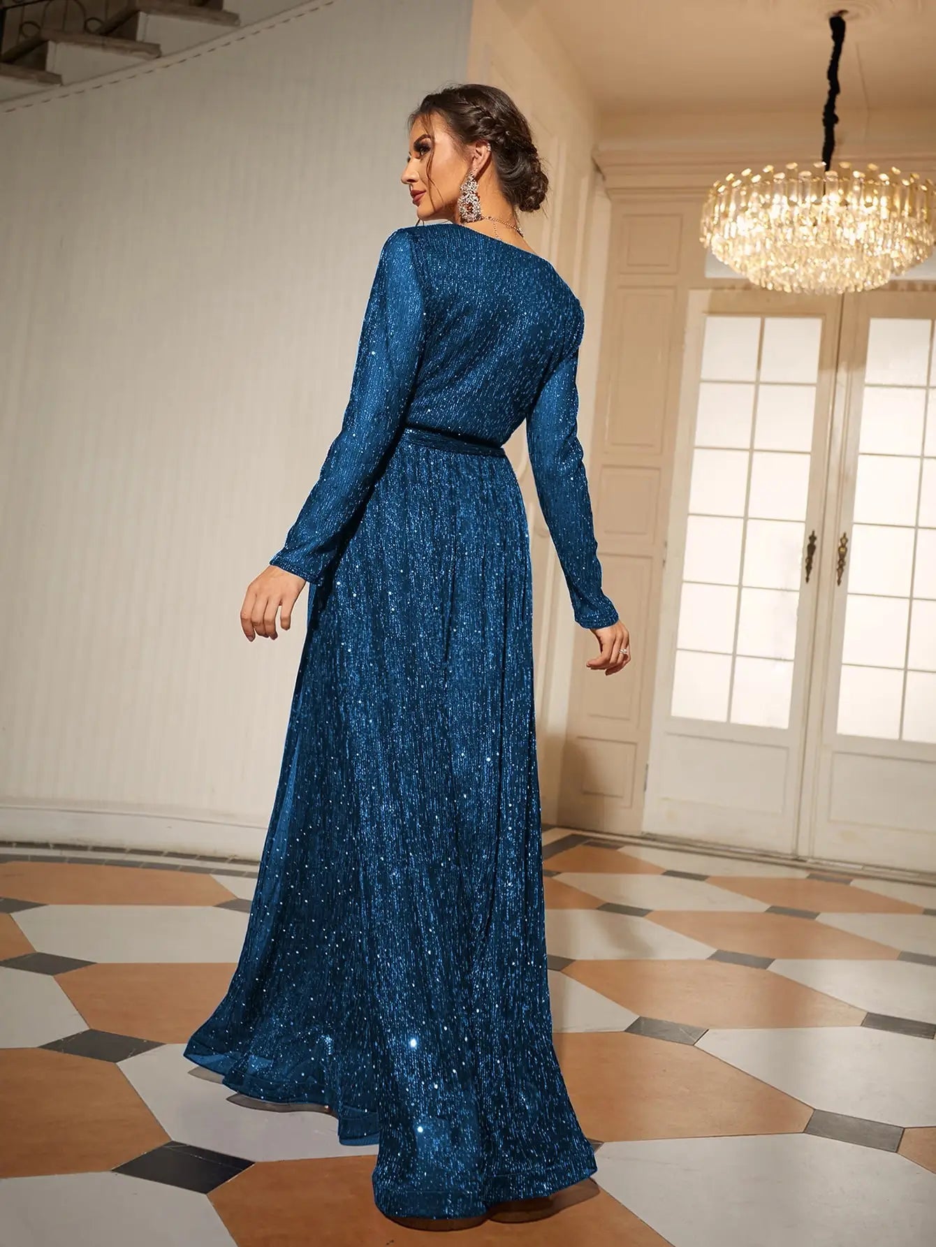 Blue Wrap Belt Long Sleeve Glitter Maxi Gown XL