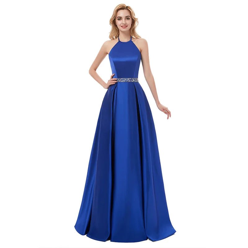 Royal Blue A - Line Halter Neck Satin Corset Bridesmaid Dress 2