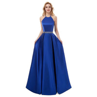 Royal Blue A - Line Halter Neck Satin Corset Bridesmaid Dress 2