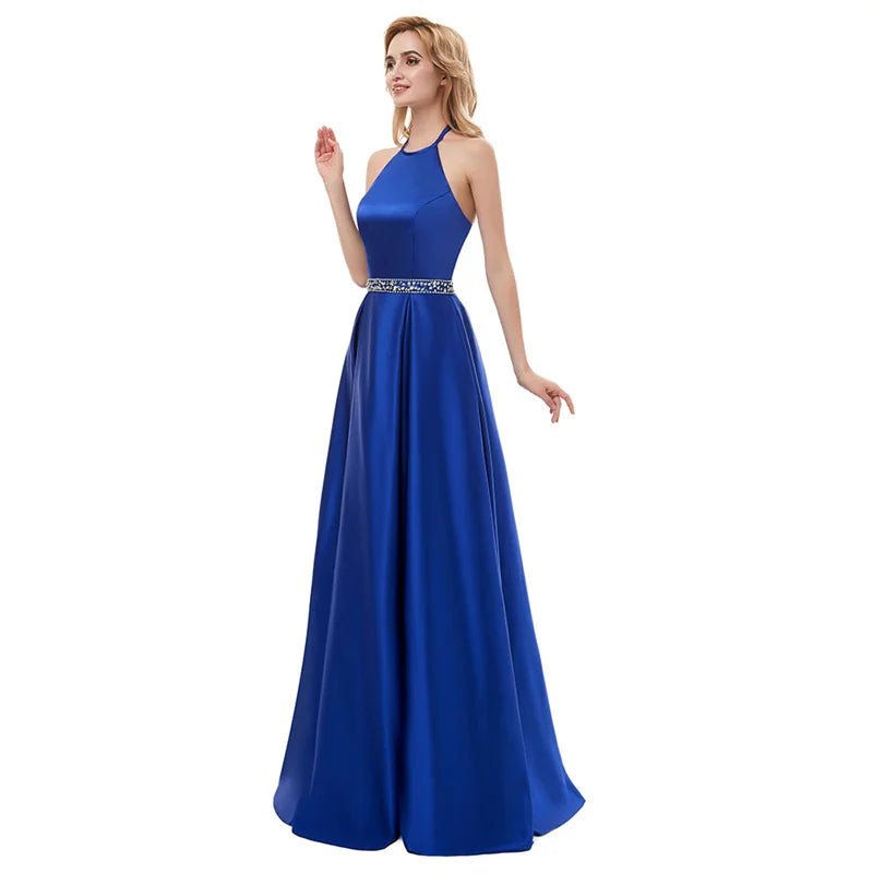 Royal Blue A - Line Halter Neck Satin Corset Bridesmaid Dress 2