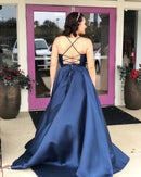 Navy Blue A - Line Lace Up Back Spaghetti Straps Satin Bridesmaid Dress 2