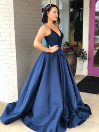 Navy Blue A - Line Lace Up Back Spaghetti Straps Satin Bridesmaid Dress 2