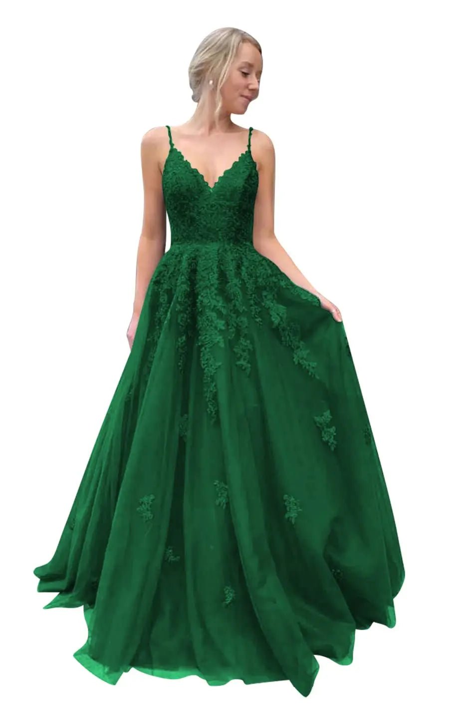 Emerald Green A - Line Skirt Tulle Lace Appliques Bridesmaid Dress 4