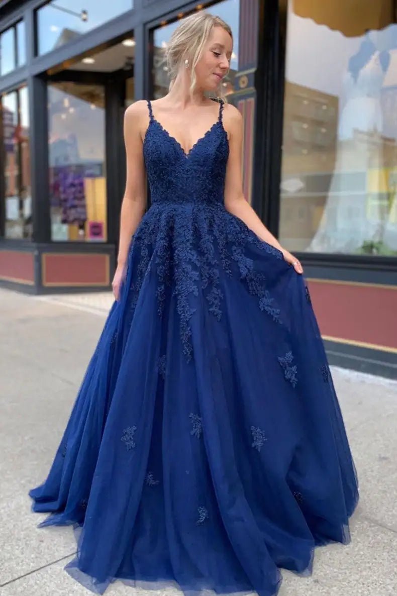 Royal Blue A - Line Skirt Tulle Lace Appliques Bridesmaid Dress 4