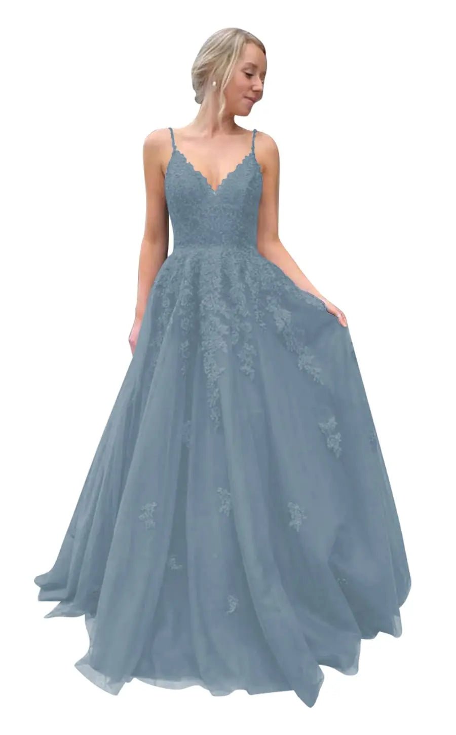 dusty blue A - Line Skirt Tulle Lace Appliques Bridesmaid Dress 4