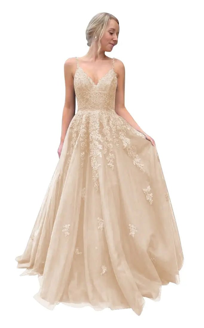 champagne A - Line Skirt Tulle Lace Appliques Bridesmaid Dress 4