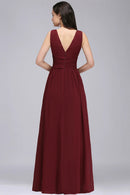 Burgundy A - line V - neck Floor - length Chiffon Bridesmaid Dress 2