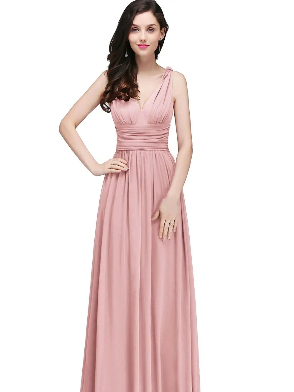 Dusty Pink A - line V - neck Floor - length Chiffon Bridesmaid Dress 2