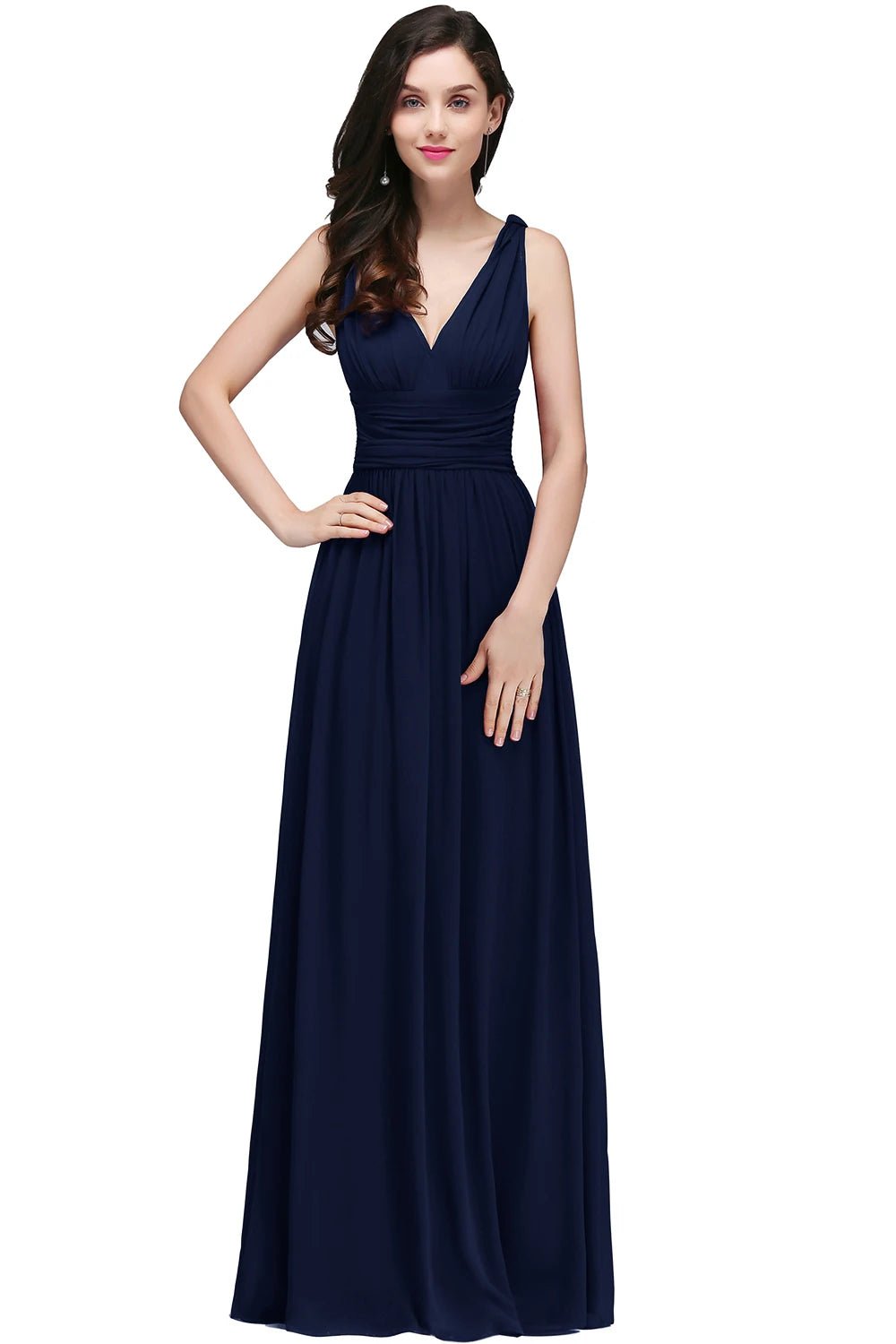 Navy Blue A - line V - neck Floor - length Chiffon Bridesmaid Dress 2