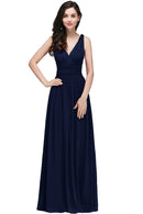 Navy Blue A - line V - neck Floor - length Chiffon Bridesmaid Dress 2