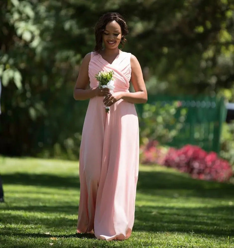 African A-Line Pink Chiffon Long  Bridesmaid Dress