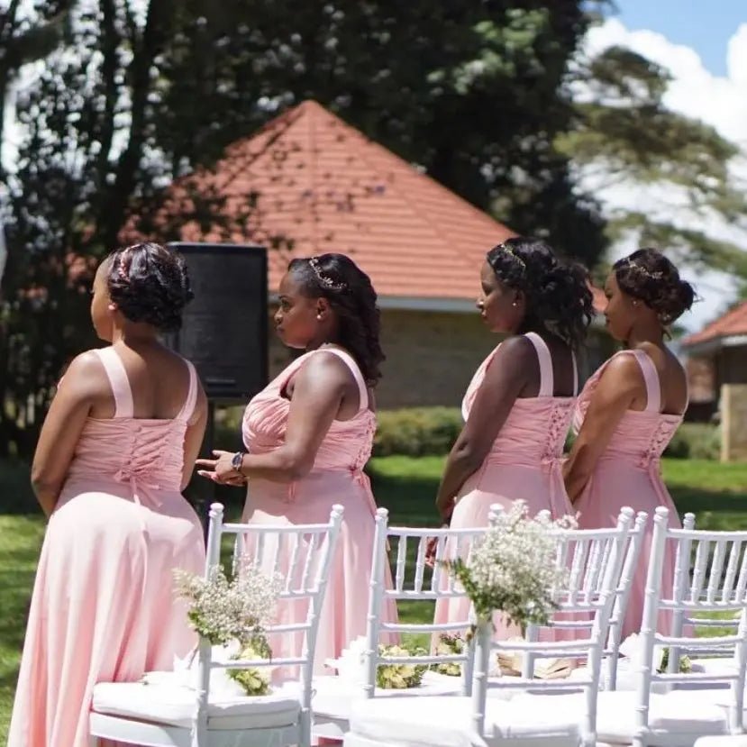 Pink African A - Line Pink Chiffon Long Bridesmaid Dress 2