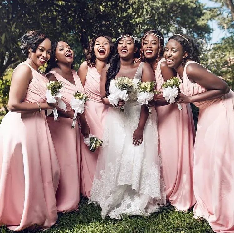 Pink African A - Line Pink Chiffon Long Bridesmaid Dress 2