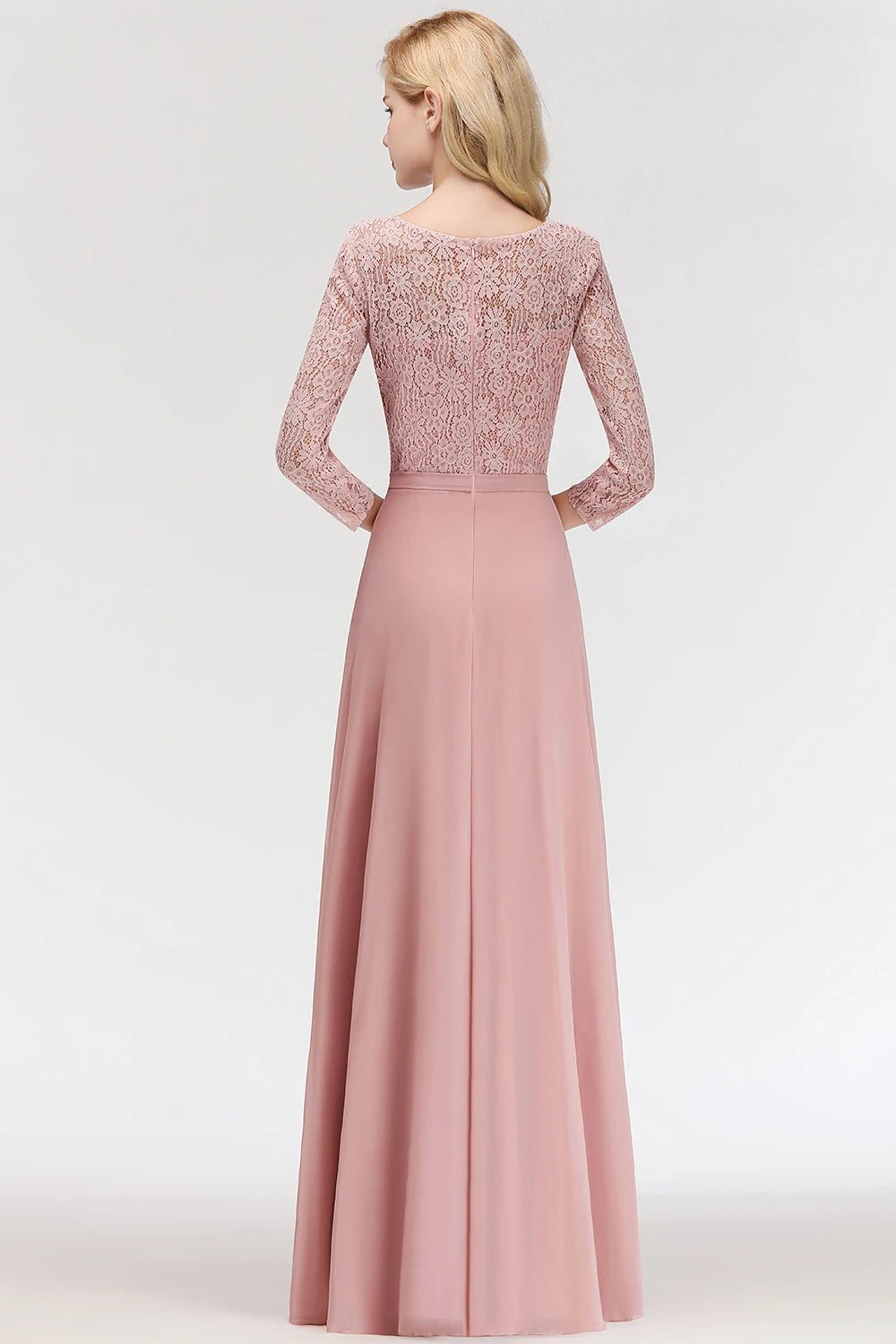 Dusty Pink Applique Scoop Neck 3/4 Sleeve Long Bridesmaid Dress 2