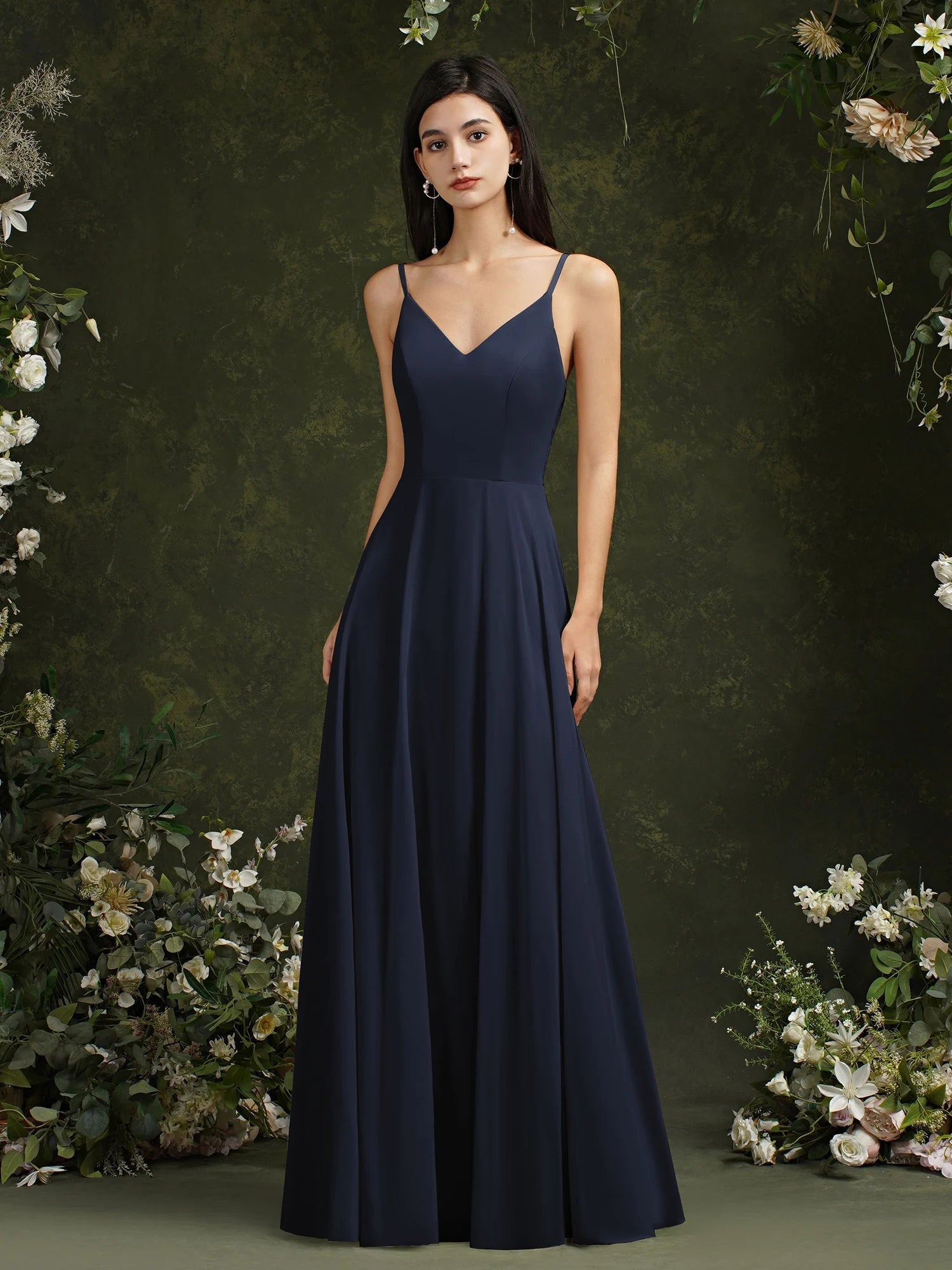 Navy blue Backless A - Line Chiffon Spaghetti Strap Bridesmaid Dress 2