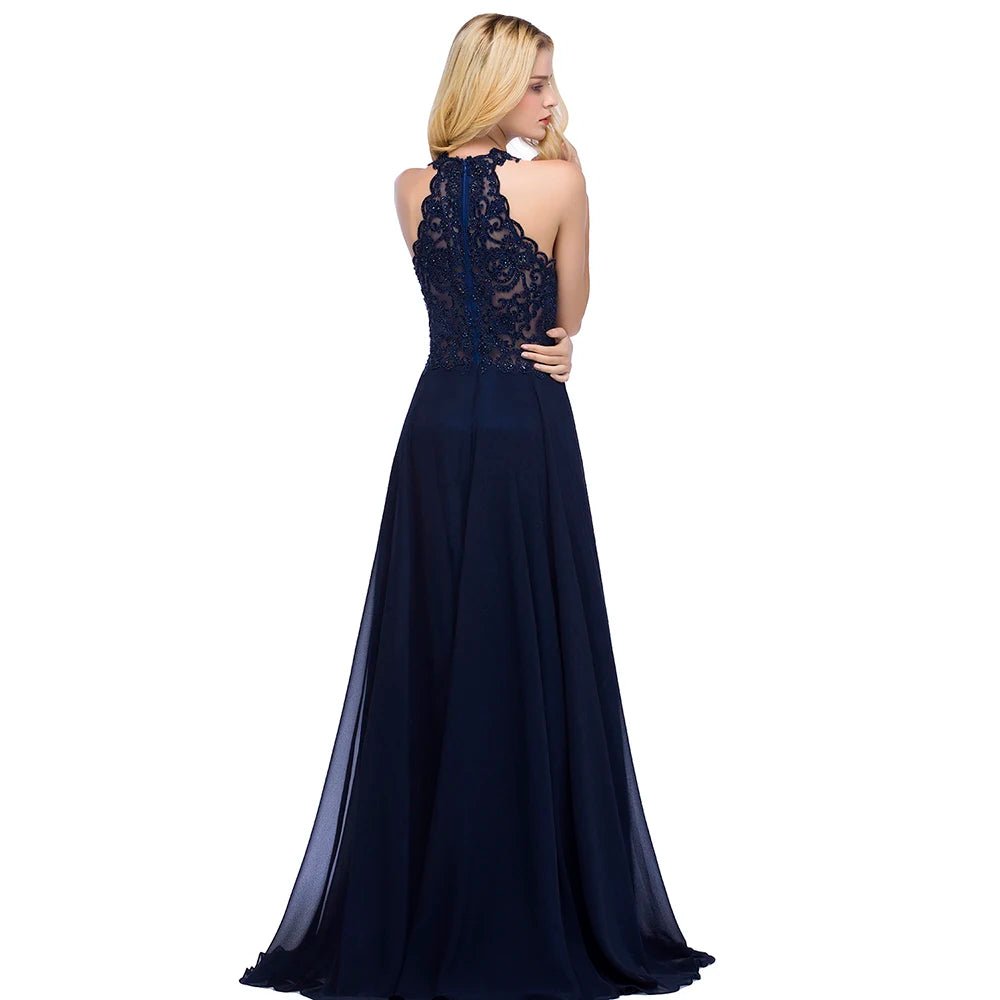 Navy Blue Beaded Navy Chiffon Long Halter Bridesmaid Dress 2