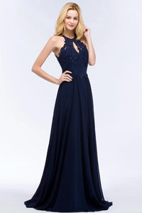 Navy Blue Beaded Navy Chiffon Long Halter Bridesmaid Dress 2