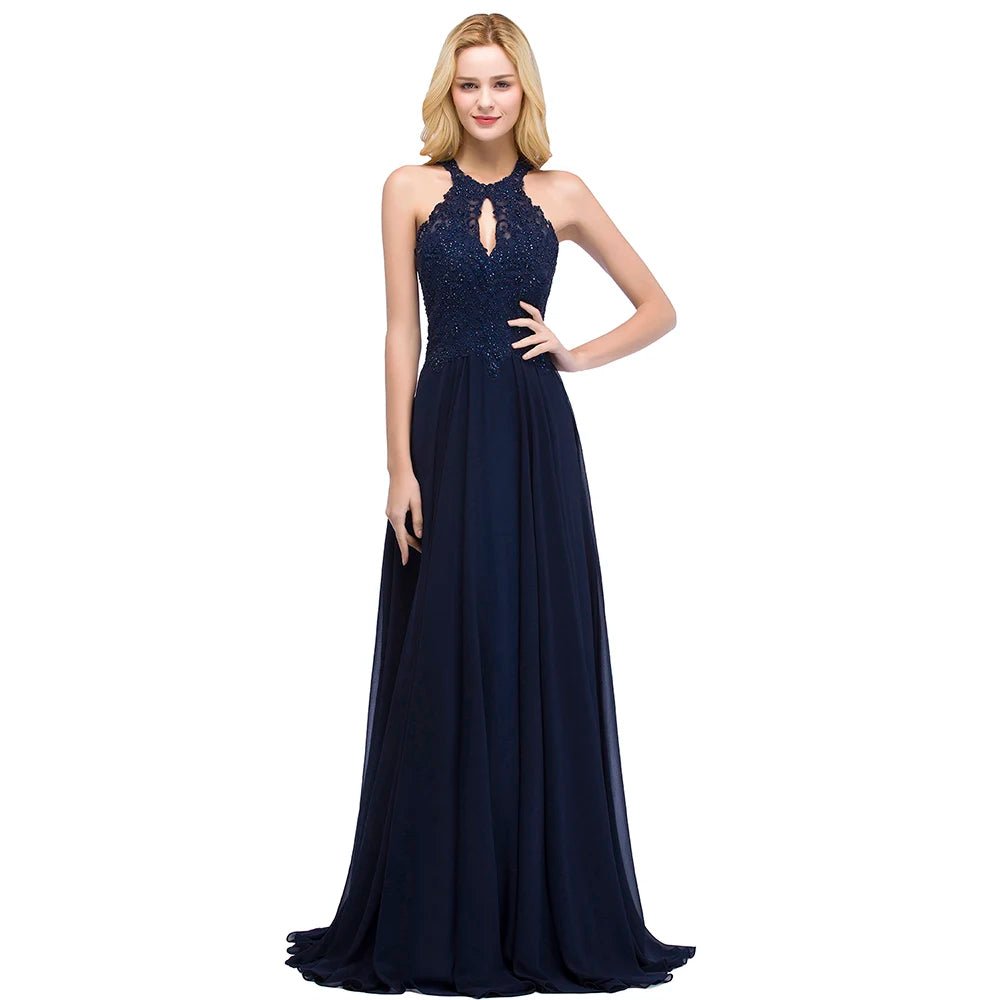 Navy Blue Beaded Navy Chiffon Long Halter Bridesmaid Dress 2