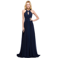 Navy Blue Beaded Navy Chiffon Long Halter Bridesmaid Dress 2