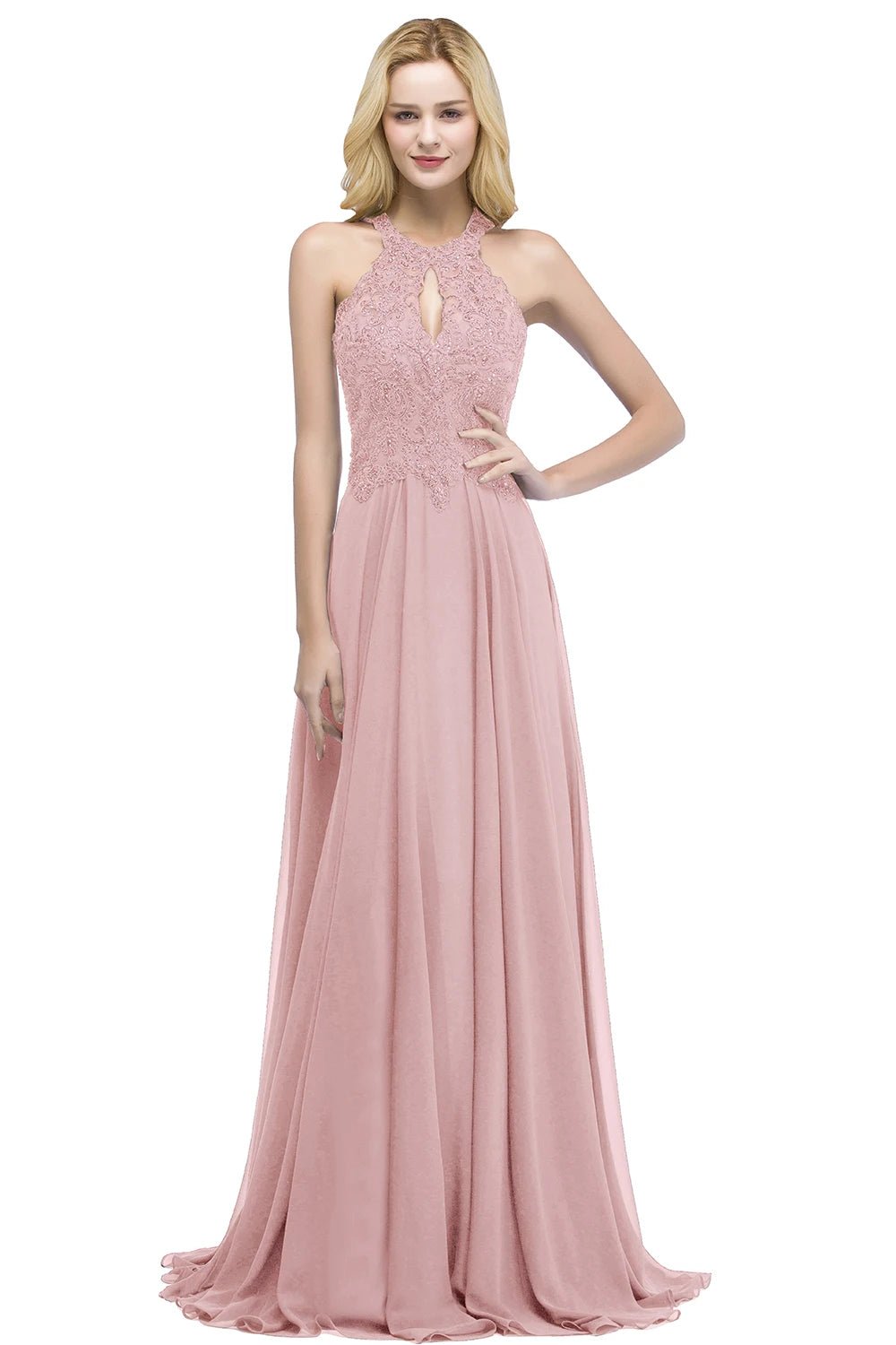 Pink Beaded Navy Chiffon Long Halter Bridesmaid Dress 2