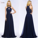 Navy Blue Beaded Navy Chiffon Long Halter Bridesmaid Dress 2