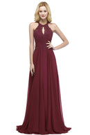 Burgundy Beaded Navy Chiffon Long Halter Bridesmaid Dress 2