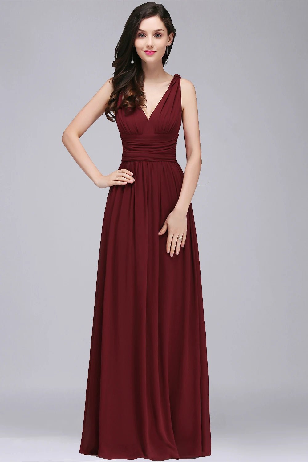 Burgundy V-Neck A-Line Chiffon Bridesmaid Dress