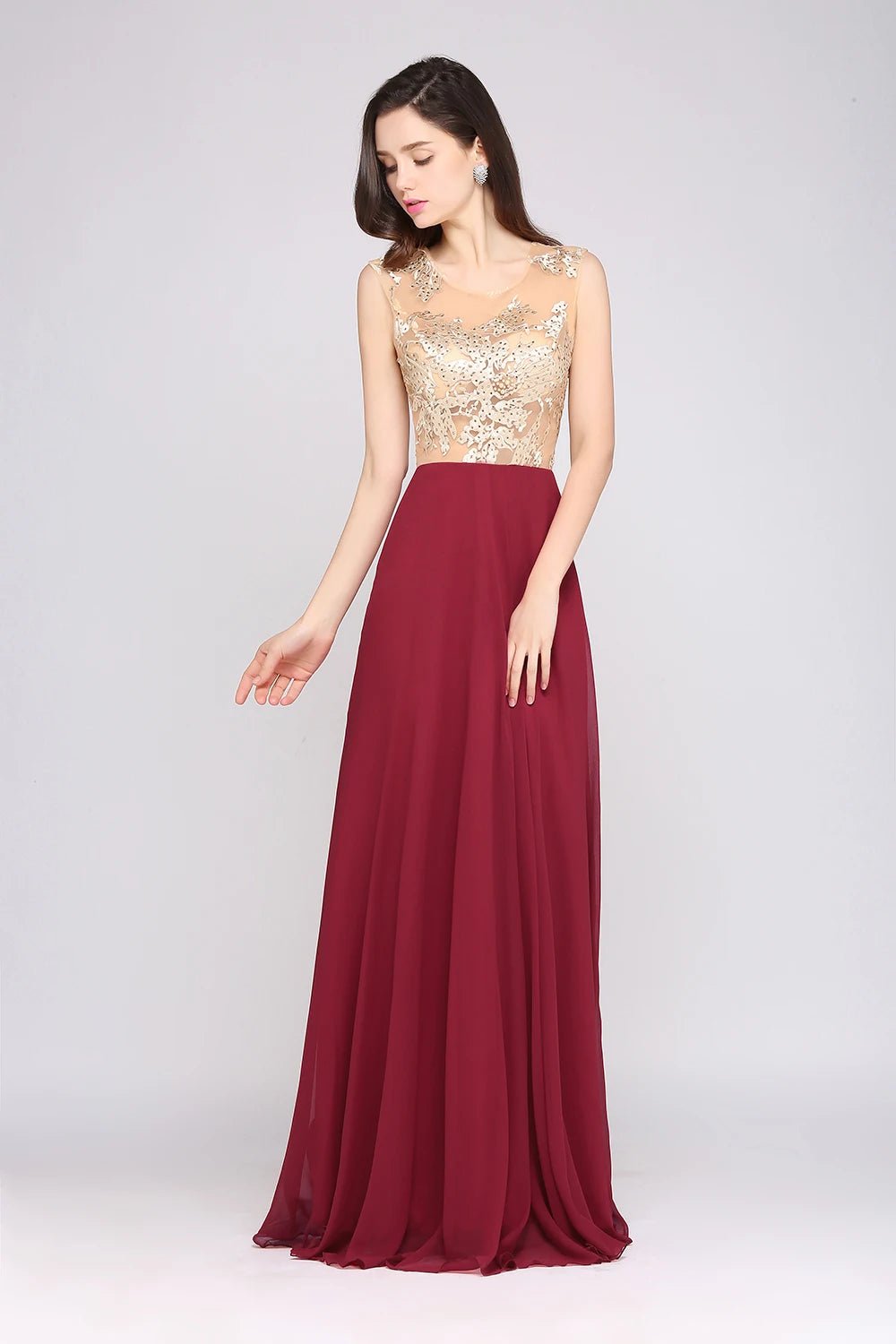 Burgundy Chiffon Backless Bridesmaid Dress Floor Length 2