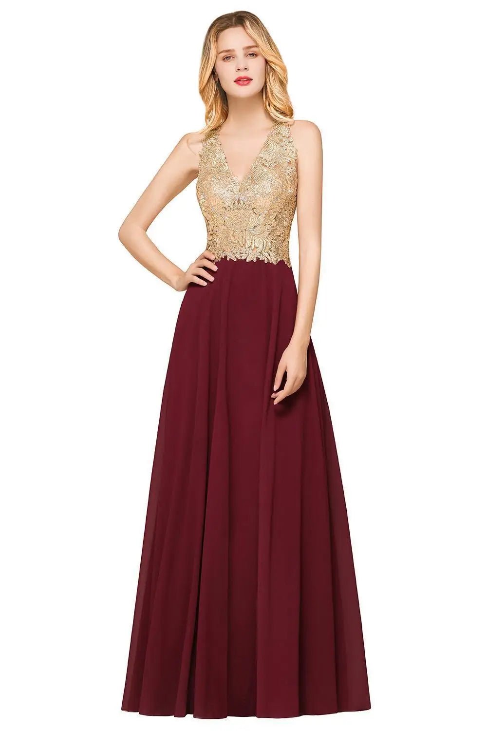 Burgundy Chiffon Backless Bridesmaid Dress Floor Length 2