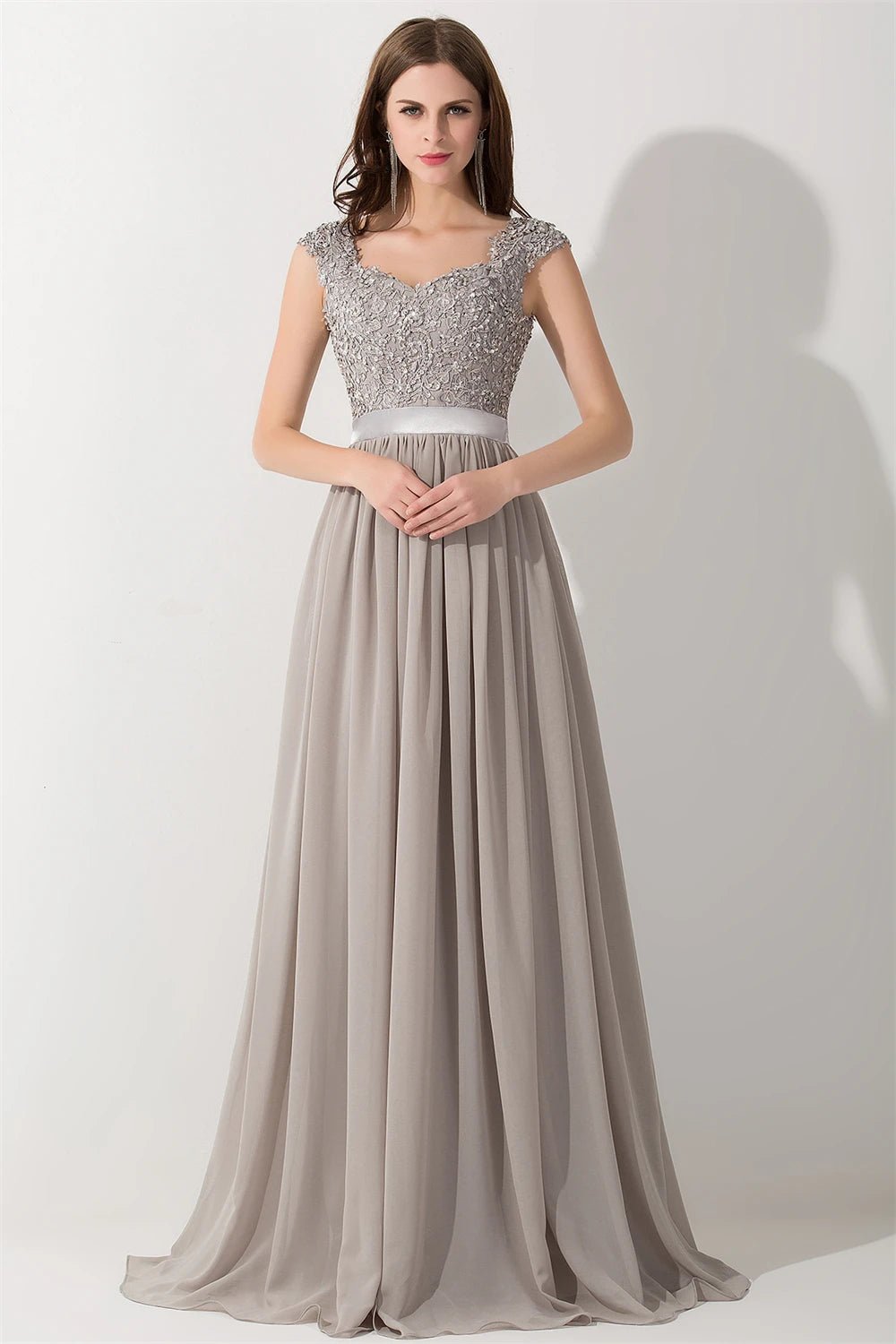 Silver Chiffon Long A - line Lace Applique Sequin Bridesmaid Dress 2