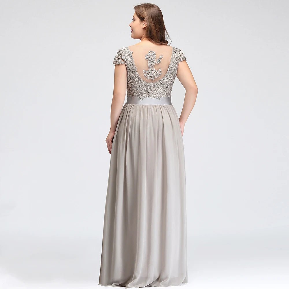 Silver Chiffon Long A - line Lace Applique Sequin Bridesmaid Dress 2