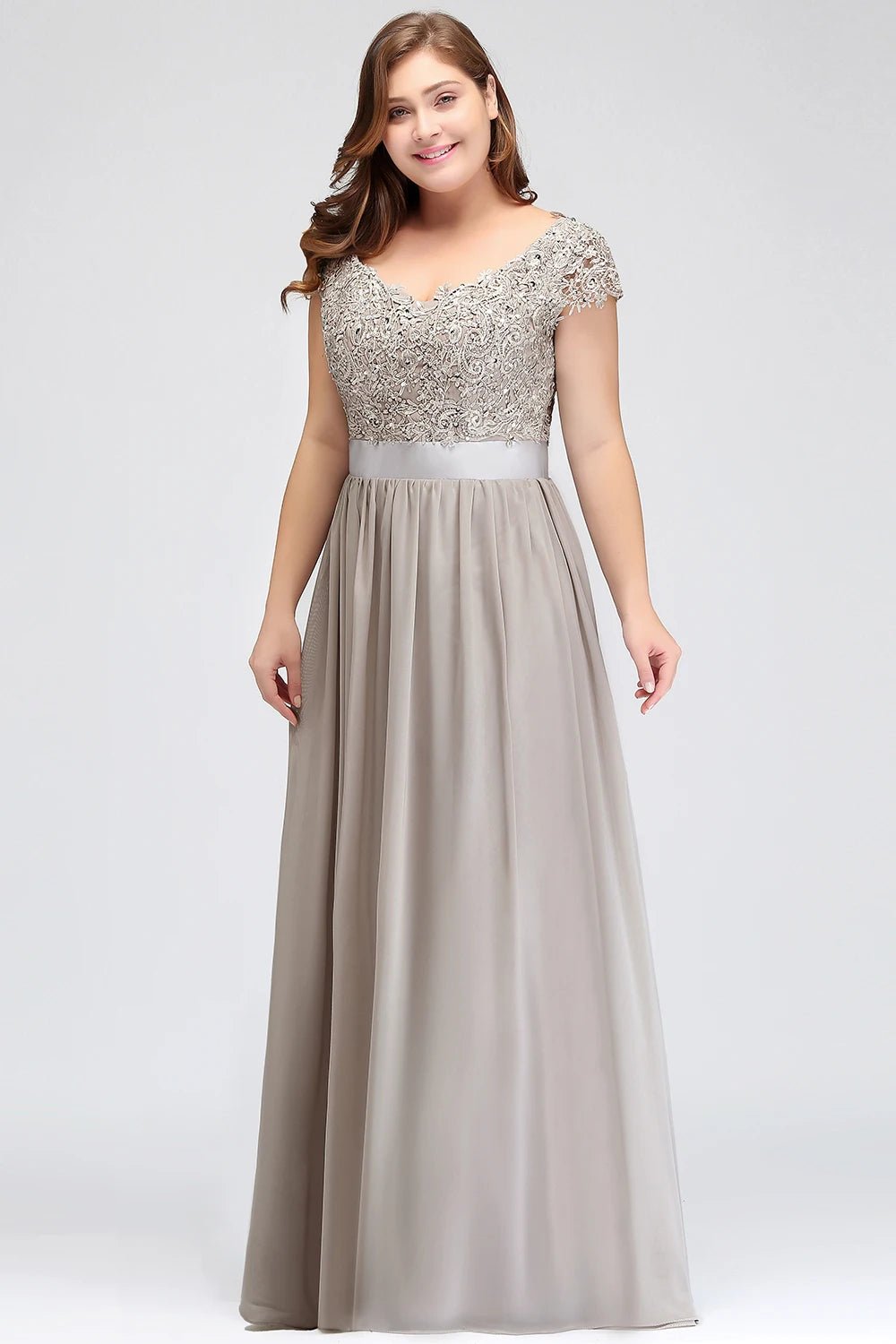 Silver Chiffon Long A - line Lace Applique Sequin Bridesmaid Dress 2