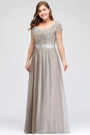 Silver Chiffon Long A - line Lace Applique Sequin Bridesmaid Dress 2