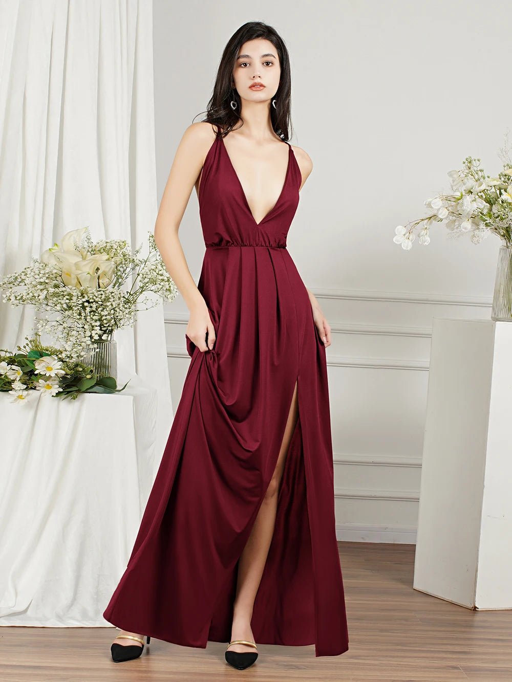 Burgundy Cross Lace Up Sexy Chiffon Maxi Bridesmaid Dress 2