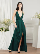 Green Cross Lace Up Sexy Chiffon Maxi Bridesmaid Dress 2