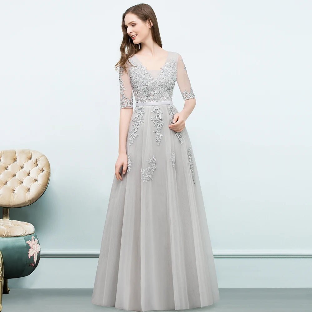 Elegant A-Line Tulle 3/4 Sleeve Long Bridesmaid Dress