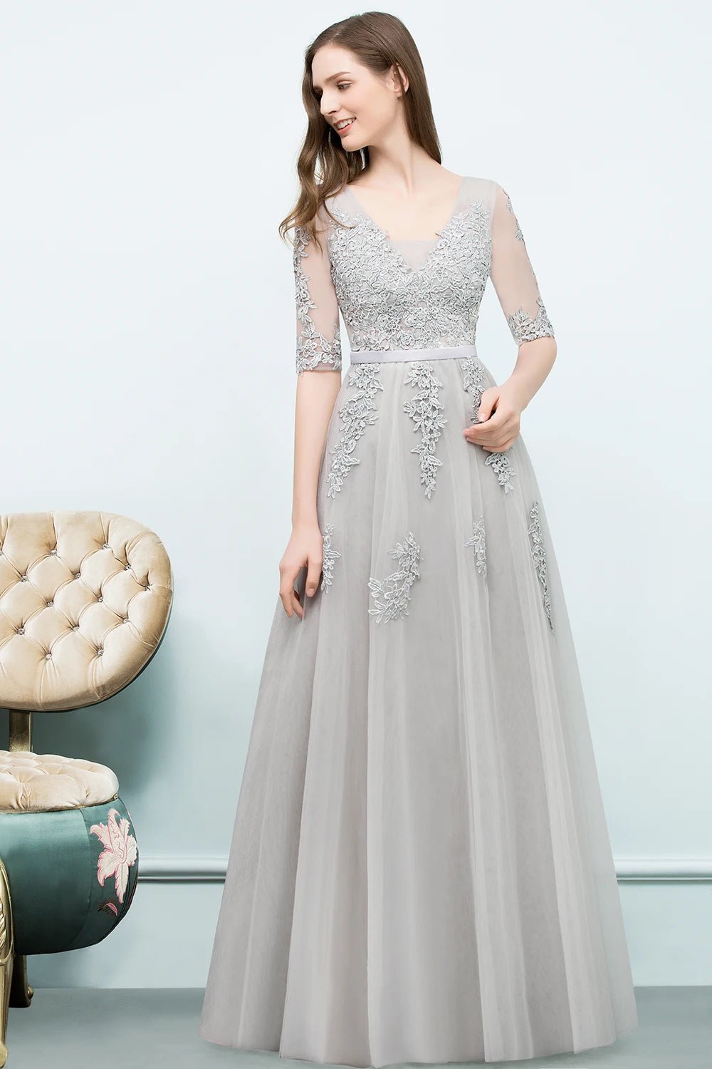 Elegant A-Line Tulle 3/4 Sleeve Long Bridesmaid Dress